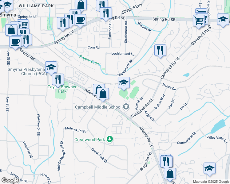 map of restaurants, bars, coffee shops, grocery stores, and more near 1560 Paces Ferry North Drive Southeast in Smyrna