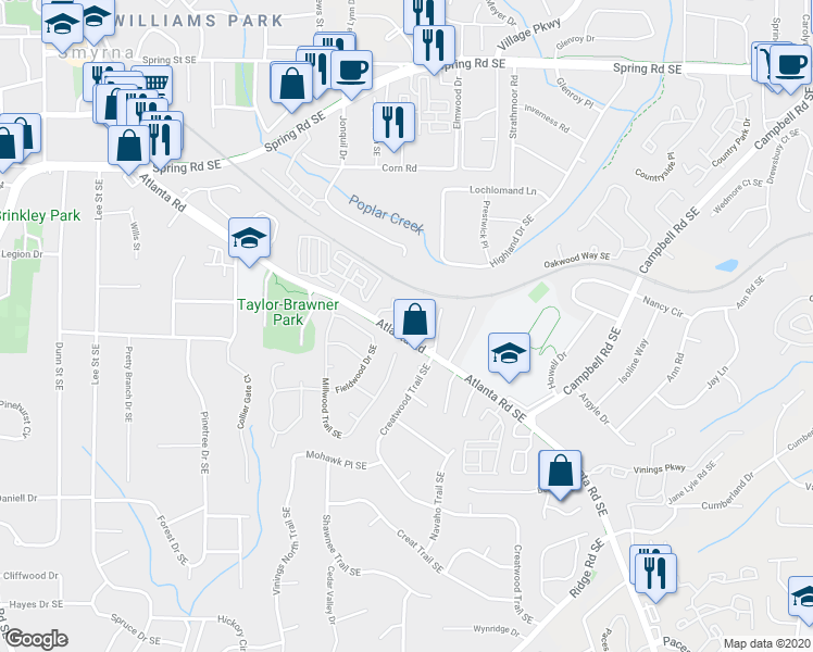 map of restaurants, bars, coffee shops, grocery stores, and more near 3297 Millwood Trail Southeast in Smyrna