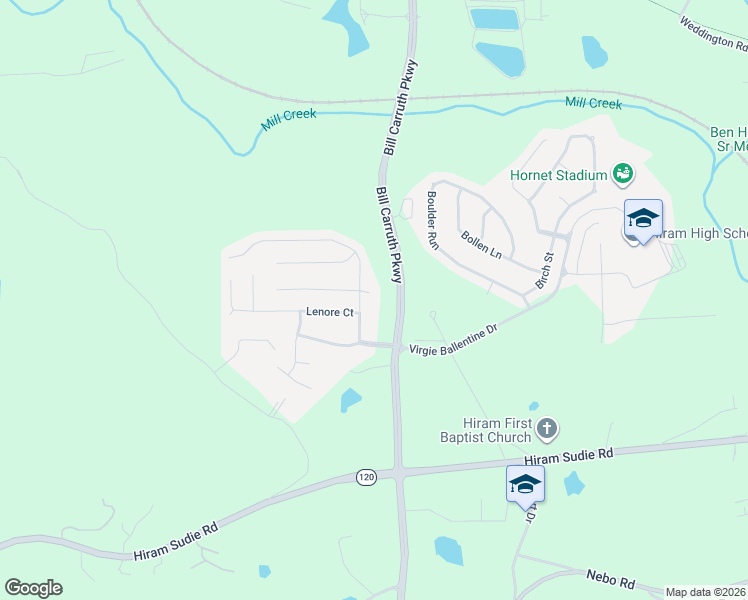 map of restaurants, bars, coffee shops, grocery stores, and more near 12 Majestic Court in Hiram