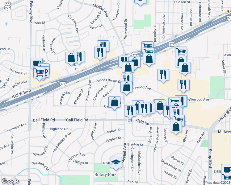 map of restaurants, bars, coffee shops, grocery stores, and more near 3 Mayfair Terrace in Wichita Falls