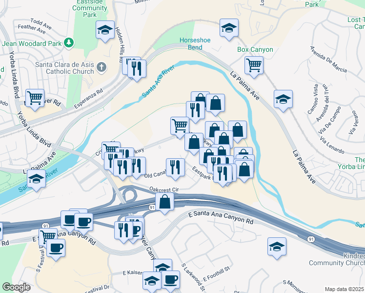 map of restaurants, bars, coffee shops, grocery stores, and more near 380 South Anaheim Hills Road in Anaheim