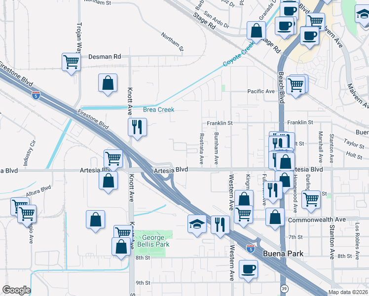 map of restaurants, bars, coffee shops, grocery stores, and more near 5756 Spring Street in Buena Park