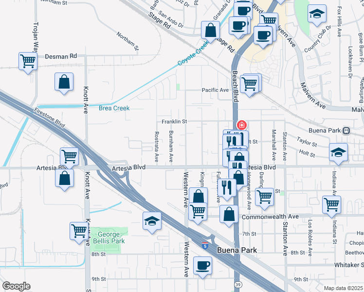 map of restaurants, bars, coffee shops, grocery stores, and more near 5867 Western Avenue in Buena Park