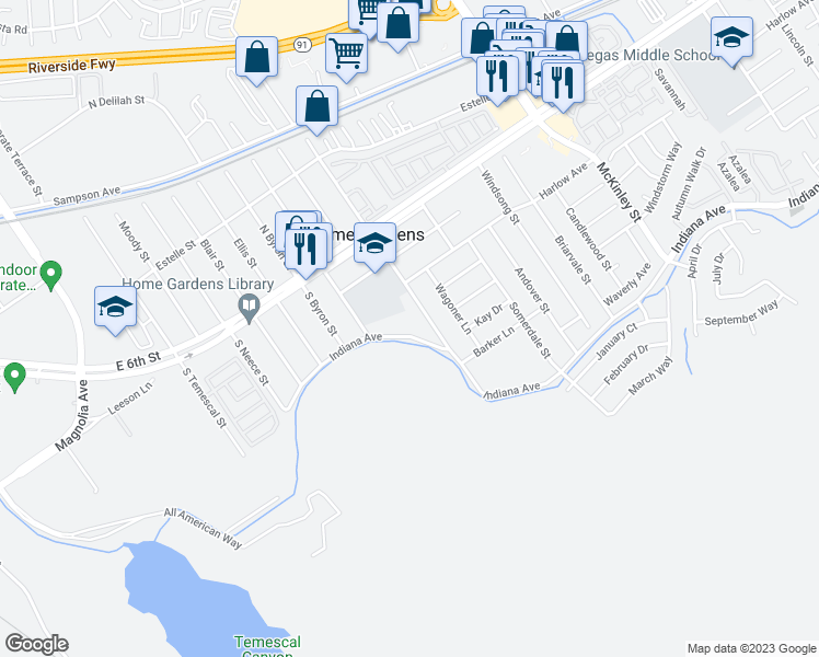 map of restaurants, bars, coffee shops, grocery stores, and more near 13547 Indiana Avenue in Corona