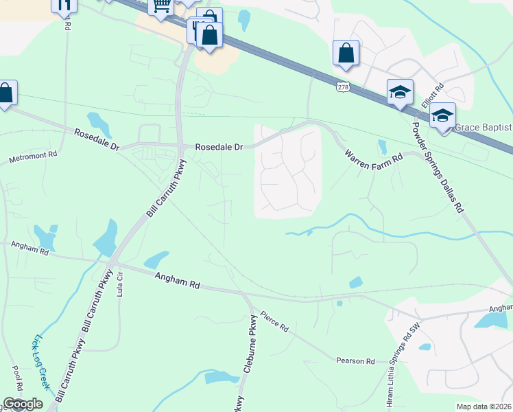 map of restaurants, bars, coffee shops, grocery stores, and more near 40 Braemore Court in Hiram