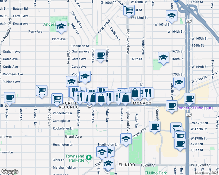 map of restaurants, bars, coffee shops, grocery stores, and more near 2603 Nelson Avenue in Redondo Beach