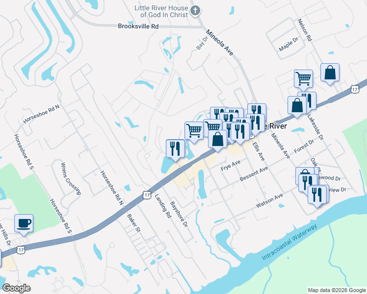 map of restaurants, bars, coffee shops, grocery stores, and more near 4104 Pinehurst Circle in Little River