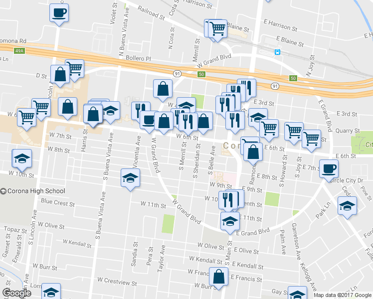 map of restaurants, bars, coffee shops, grocery stores, and more near 623 South Merrill Street in Corona