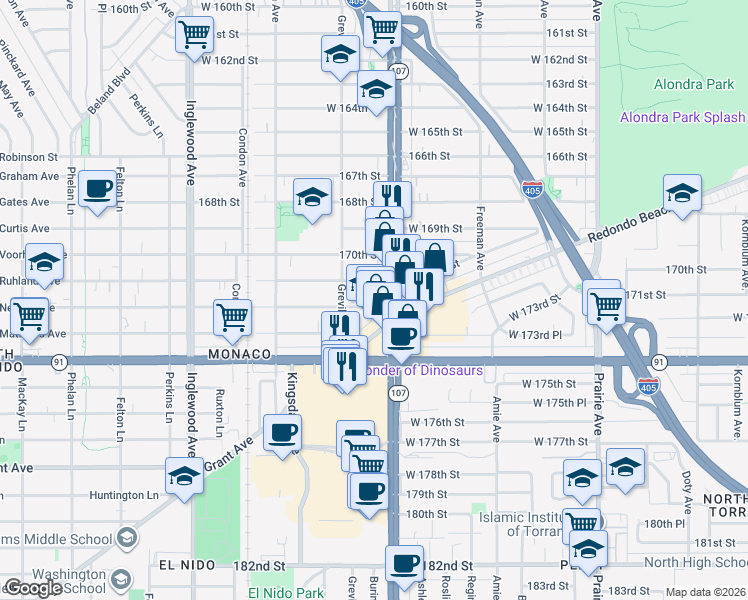 map of restaurants, bars, coffee shops, grocery stores, and more near 4415 West 172nd Street in Lawndale