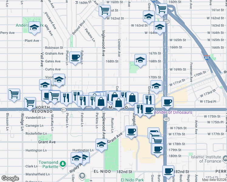 map of restaurants, bars, coffee shops, grocery stores, and more near 4715 West 172nd Street in Lawndale
