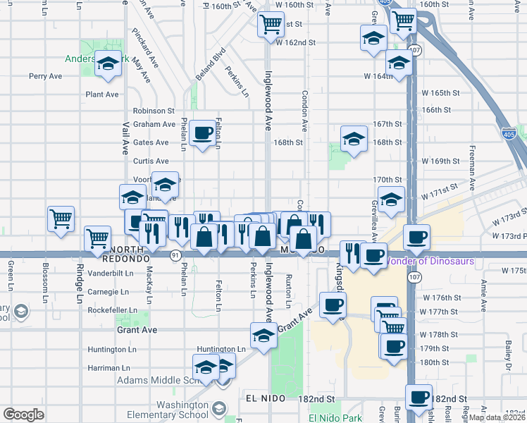 map of restaurants, bars, coffee shops, grocery stores, and more near 2106 Perkins Lane in Redondo Beach