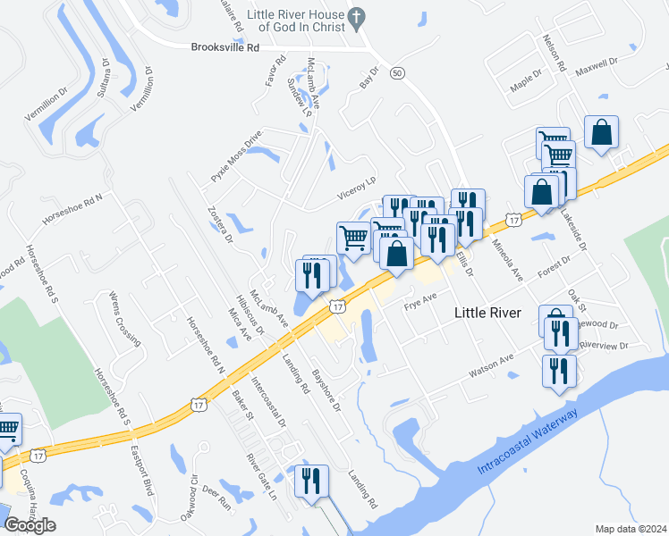 map of restaurants, bars, coffee shops, grocery stores, and more near 4101 Pinehurst Circle in Little River