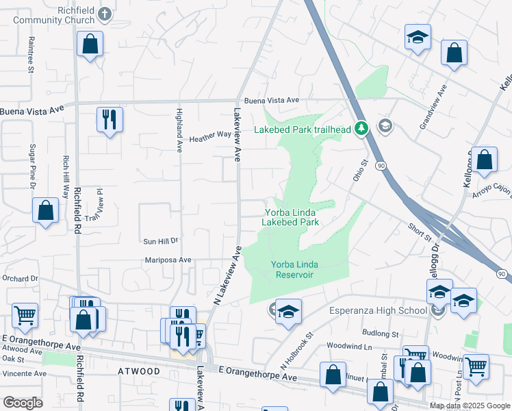 map of restaurants, bars, coffee shops, grocery stores, and more near 18320 Timberlane Drive in Yorba Linda
