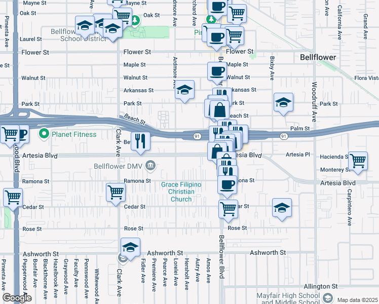 map of restaurants, bars, coffee shops, grocery stores, and more near 9626 Artesia Boulevard in Bellflower