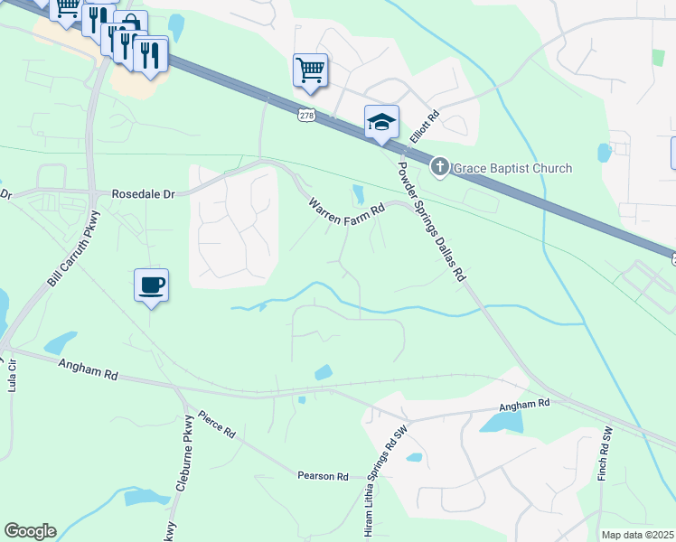 map of restaurants, bars, coffee shops, grocery stores, and more near 3225 Warren Creek Drive in Hiram