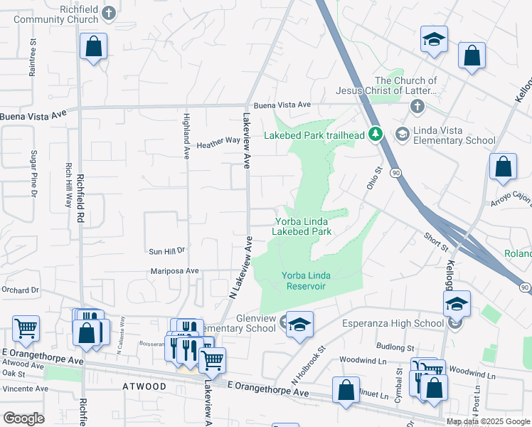 map of restaurants, bars, coffee shops, grocery stores, and more near 18320 Timberlane Drive in Yorba Linda