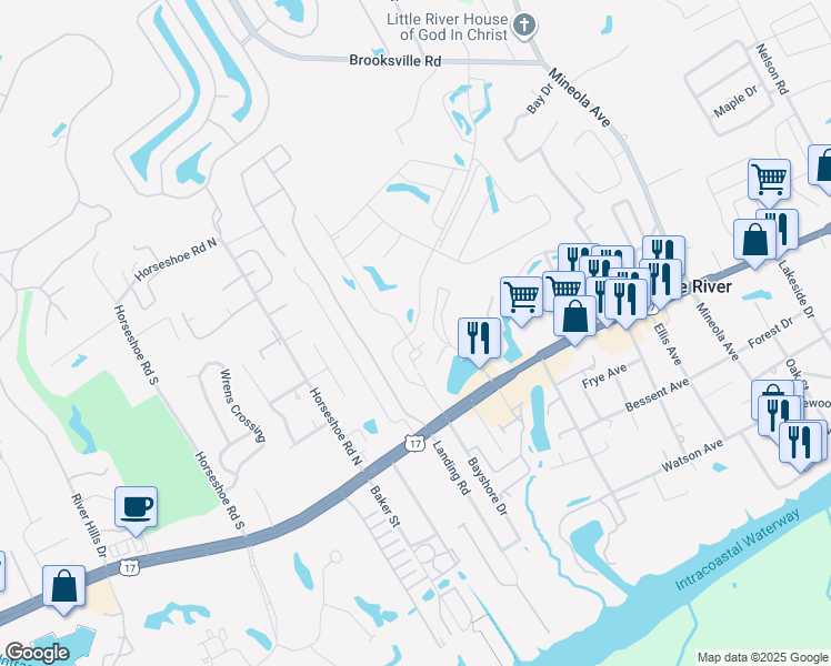 map of restaurants, bars, coffee shops, grocery stores, and more near 4278 Pinehurst Circle in Little River
