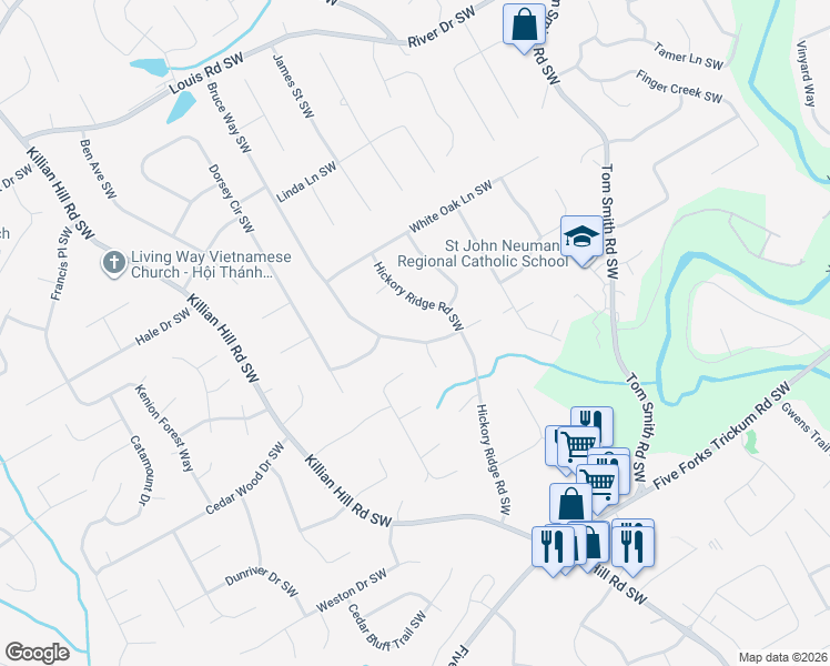 map of restaurants, bars, coffee shops, grocery stores, and more near 726 Bruce Way Southwest in Lilburn