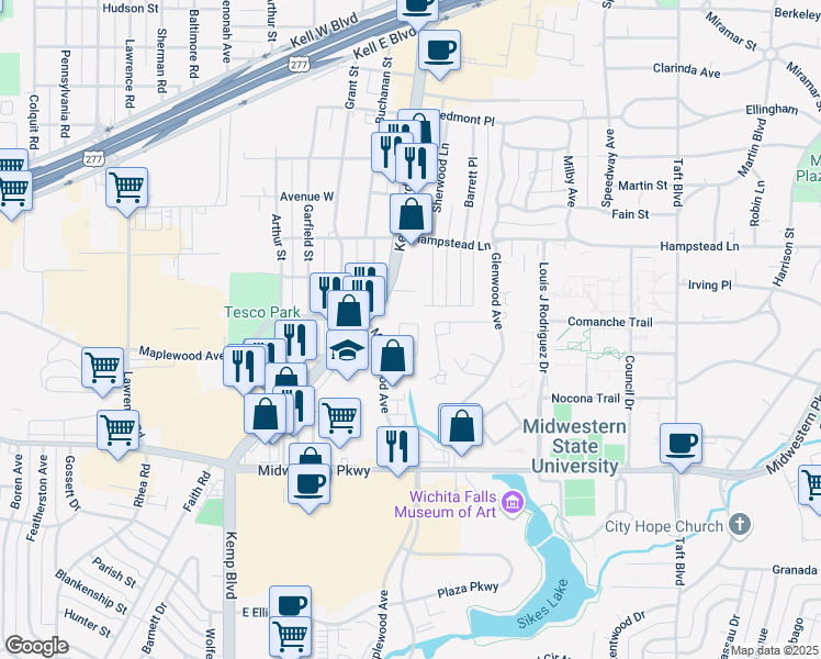 map of restaurants, bars, coffee shops, grocery stores, and more near 3611 Maplewood Avenue in Wichita Falls