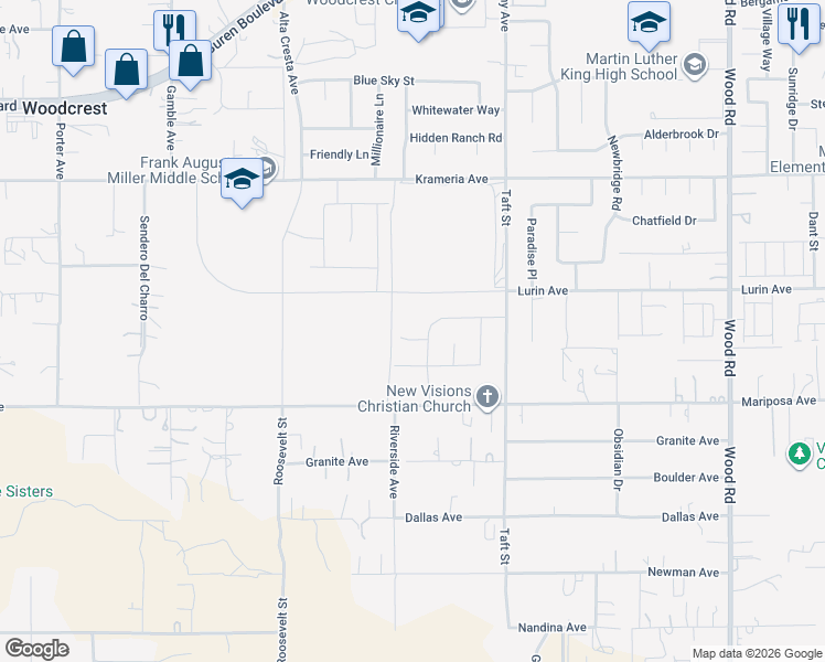 map of restaurants, bars, coffee shops, grocery stores, and more near 18574 Lurin Avenue in Riverside