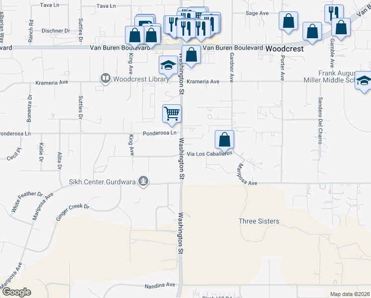 map of restaurants, bars, coffee shops, grocery stores, and more near 17010 Via Los Caballeros in Riverside