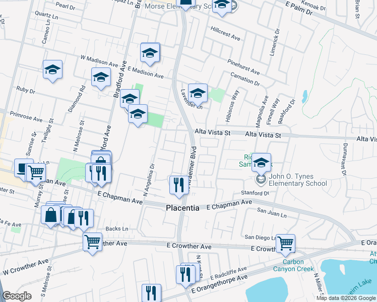 map of restaurants, bars, coffee shops, grocery stores, and more near 418 Massachusetts Lane in Placentia