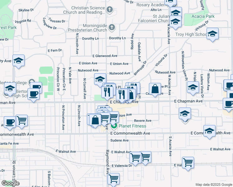 map of restaurants, bars, coffee shops, grocery stores, and more near 1229 Central Avenue in Fullerton