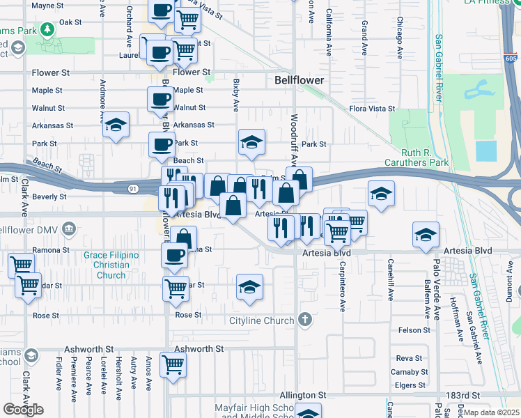 map of restaurants, bars, coffee shops, grocery stores, and more near 10040 Artesia Pl in Bellflower