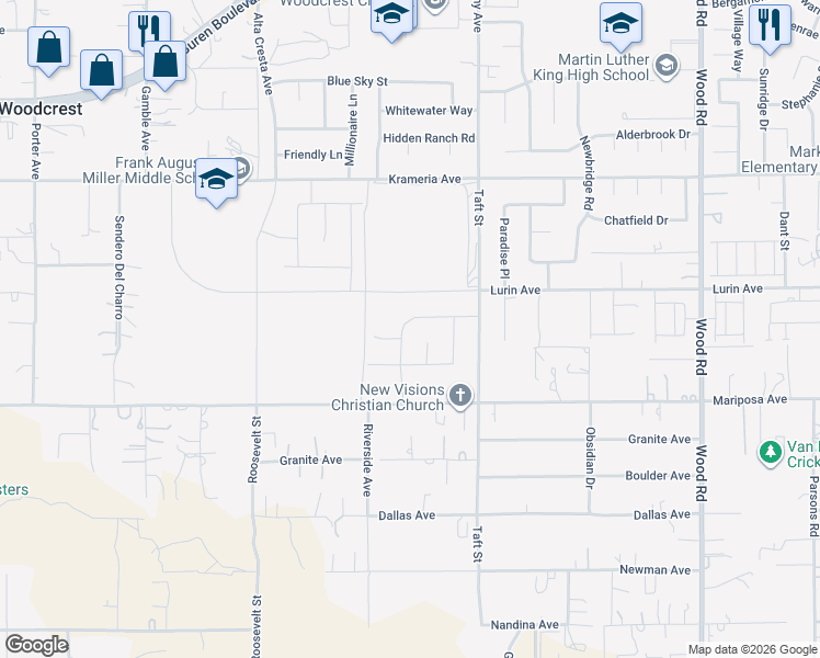 map of restaurants, bars, coffee shops, grocery stores, and more near 18337 Park Mountain Dr in Riverside