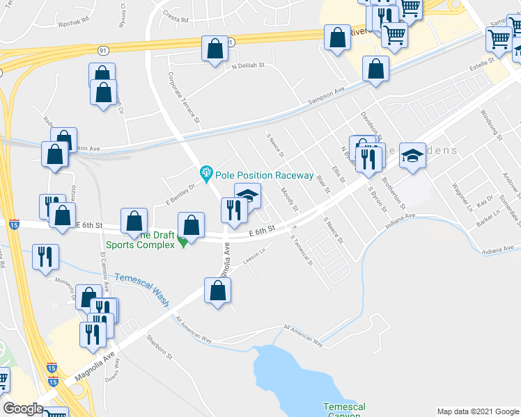 map of restaurants, bars, coffee shops, grocery stores, and more near 3900 South Temescal Street in Corona