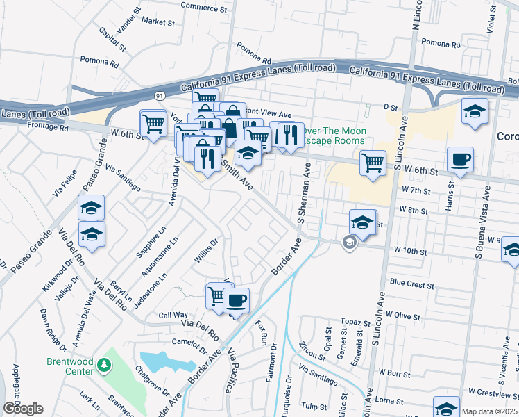 map of restaurants, bars, coffee shops, grocery stores, and more near 1438 Shadowglen Way in Corona