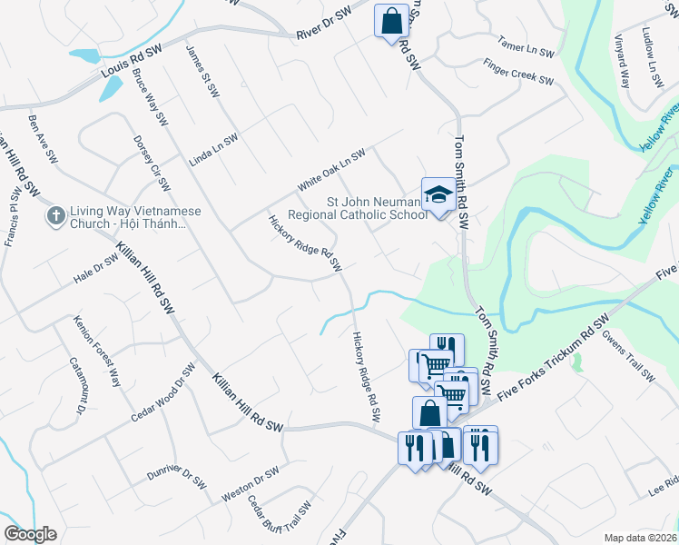 map of restaurants, bars, coffee shops, grocery stores, and more near 765 Hickory Ridge Road Southwest in Lilburn
