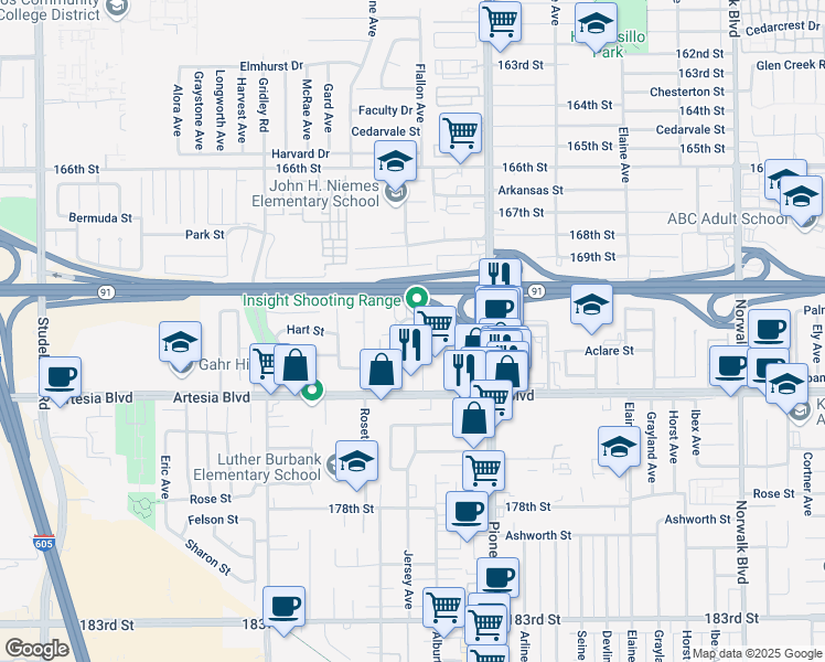 map of restaurants, bars, coffee shops, grocery stores, and more near 17215 Jersey Avenue in Artesia