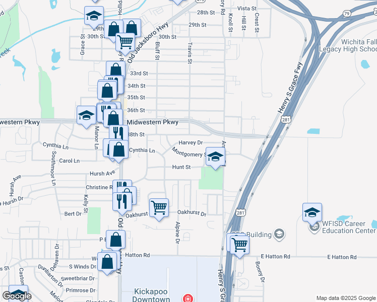 map of restaurants, bars, coffee shops, grocery stores, and more near 1302 Montgomery Street in Wichita Falls