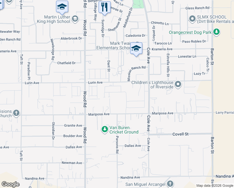 map of restaurants, bars, coffee shops, grocery stores, and more near 9619 Babaco Street in Riverside