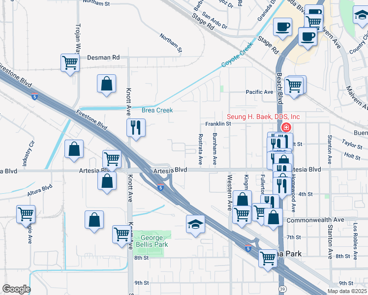 map of restaurants, bars, coffee shops, grocery stores, and more near 5992 Spring Street in Buena Park
