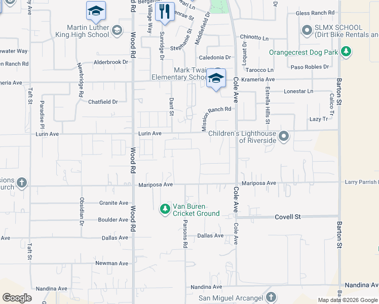 map of restaurants, bars, coffee shops, grocery stores, and more near 19380 Nalancia Way in Riverside