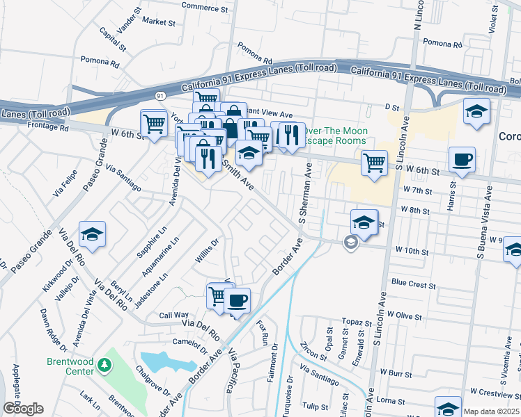 map of restaurants, bars, coffee shops, grocery stores, and more near 1438 Shadowglen Way in Corona