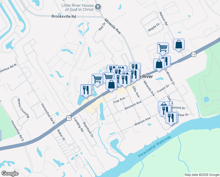 map of restaurants, bars, coffee shops, grocery stores, and more near 1475 U.S. 17 in Little River