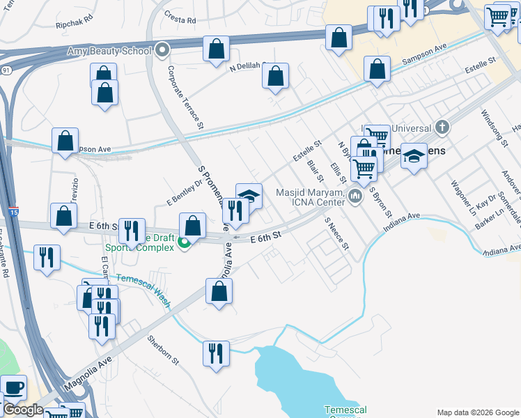 map of restaurants, bars, coffee shops, grocery stores, and more near 3900 South Temescal Street in Corona