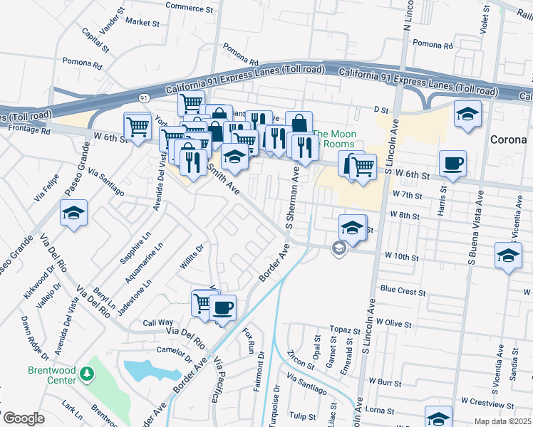 map of restaurants, bars, coffee shops, grocery stores, and more near 1394 Woodbrook Square in Corona