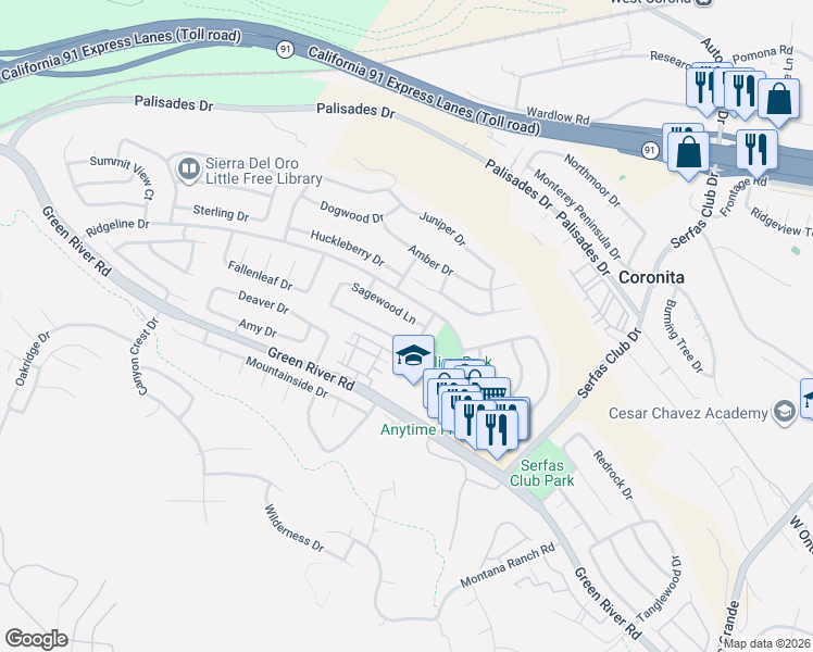 map of restaurants, bars, coffee shops, grocery stores, and more near 3075 Redberry Drive in Corona
