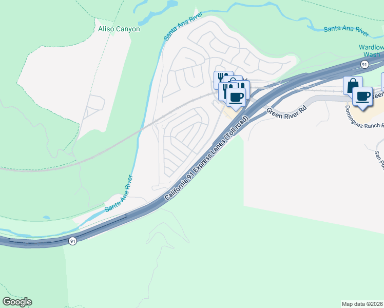 map of restaurants, bars, coffee shops, grocery stores, and more near 4901 Green River Road in Corona
