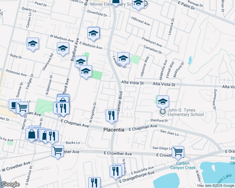 map of restaurants, bars, coffee shops, grocery stores, and more near 418 Massachusetts Lane in Placentia