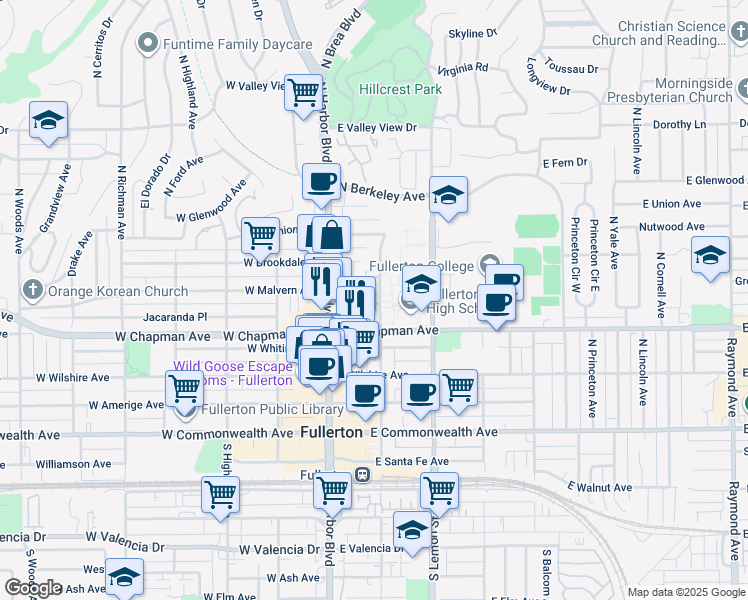 map of restaurants, bars, coffee shops, grocery stores, and more near in Fullerton