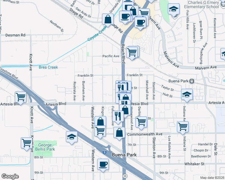 map of restaurants, bars, coffee shops, grocery stores, and more near 5922 Kingman Avenue in Buena Park