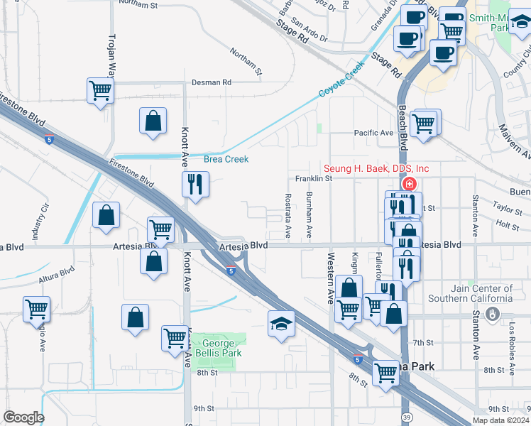 map of restaurants, bars, coffee shops, grocery stores, and more near 5992 Spring Street in Buena Park
