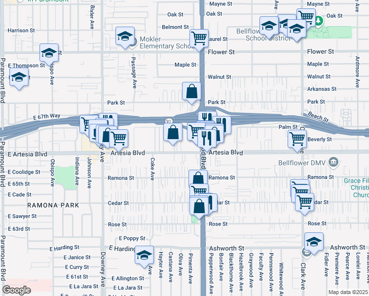 map of restaurants, bars, coffee shops, grocery stores, and more near 8808 Artesia Boulevard in Bellflower