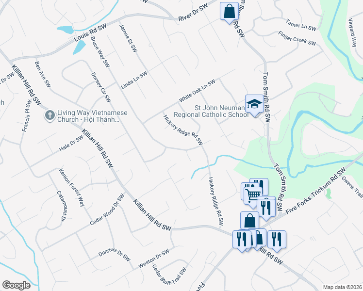 map of restaurants, bars, coffee shops, grocery stores, and more near 726 Bruce Way Southwest in Lilburn