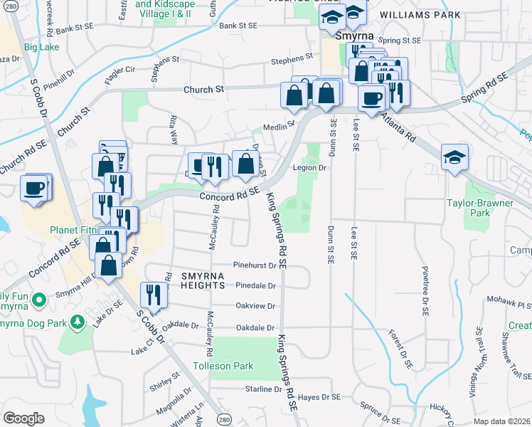 map of restaurants, bars, coffee shops, grocery stores, and more near 3220 King Springs Road Southeast in Smyrna